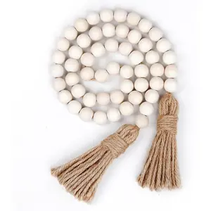 Farmhouse Wood Bead Garland with Tassels Country Wall Hanging Decor Prayer Beads 39 inches Nature