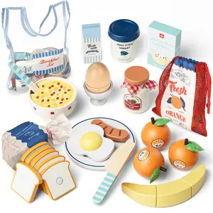 Wooden Pretend Play Food, Wooeden Breakfast Food, Play Food Sets with Shopping Bag for Kids Kitchen, Fake Food Pretend Play for Kids, Realistic Food Playset Cutting Fruit Bread Egg Bag, Role Playing Toys for Kids