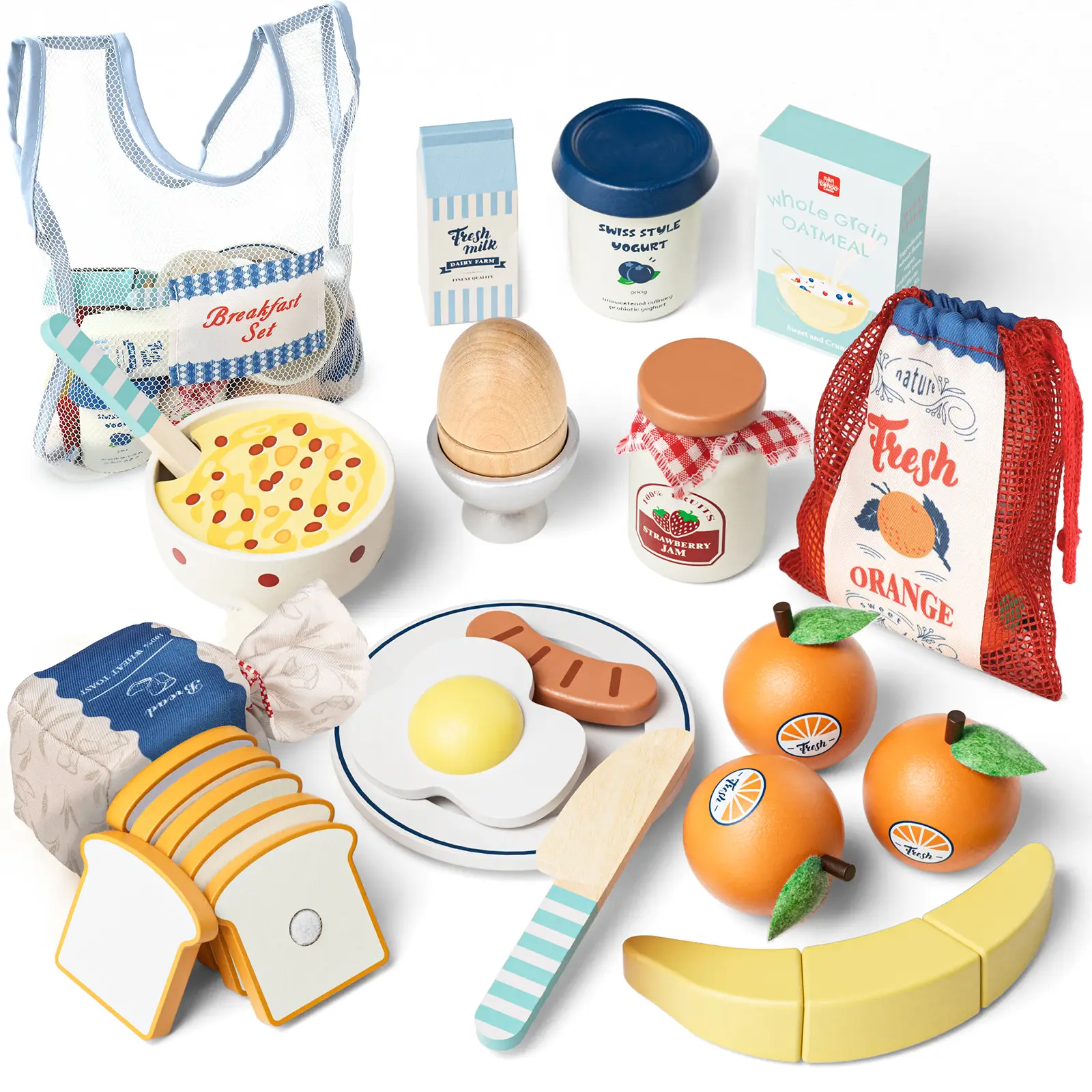 Wooden Pretend Play Food, Wooeden Breakfast Food, Play Food Sets with Shopping Bag for Kids Kitchen, Fake Food Pretend Play for Kids, Realistic Food P
