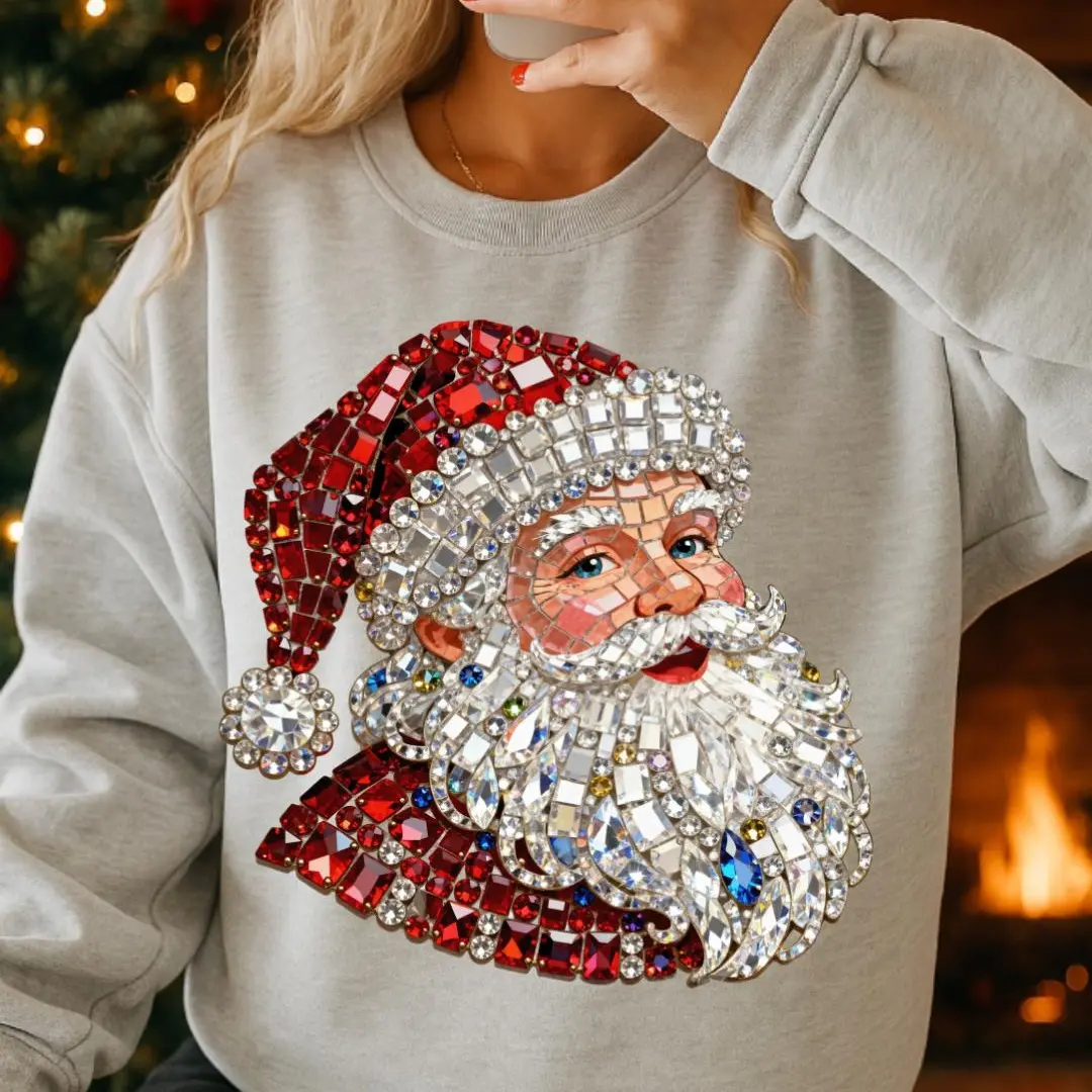 FAUX Rhinestone Santa Sweatshirt DTG Printed Bling Christmas Crewneck Crystal Mosaic Holiday Pullover Jeweled Santa Claus Shirt Sparkle Xmas Crew