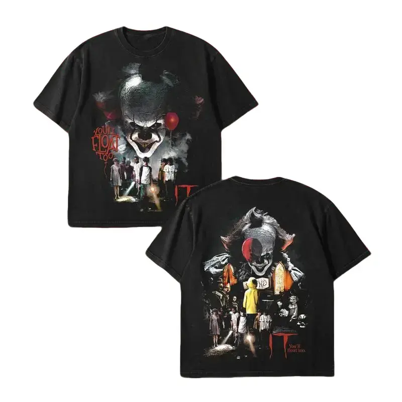 Halloween Black IT Pennywise Shirt 2 Sides, Youll Float Too Heavyweight Oversized Cotton Streetwear Top, Vintage 90s Bootleg Horror Tee, Stephen King Losers Club Georgie Graphic, Retro Spooky Halloween Clown Fan Birthday Gift