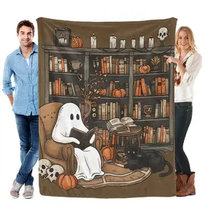 Halloween Book Lovers Blanket  Soft Flannel Throw with Cute Ghosts Reading Design Bohemian Style All-Season Cozy Blanket for Couch, Bed Home Decor  Unisex Gift for Men  Women Halloween Blanket Seasonal Throw Whimsical Design