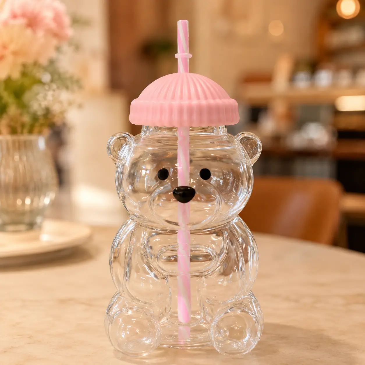 2026 Limited Edition Pink Bear Glass Cup - 590ml/20oz Cute Transparent Tumbler with Lid, Reusable Straw for Iced Coffee, Gifts