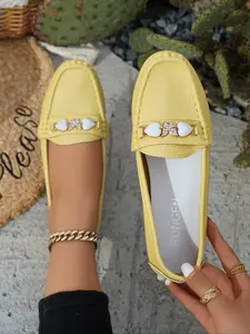 Women's Fashion Casual Shoes Slip On Round Toe Flats with Gold Chain Decor, Rubber Sole, All-Season Comfort, Multi-Purpose Design, Stylish Low Heel Footwear Shoes Summer