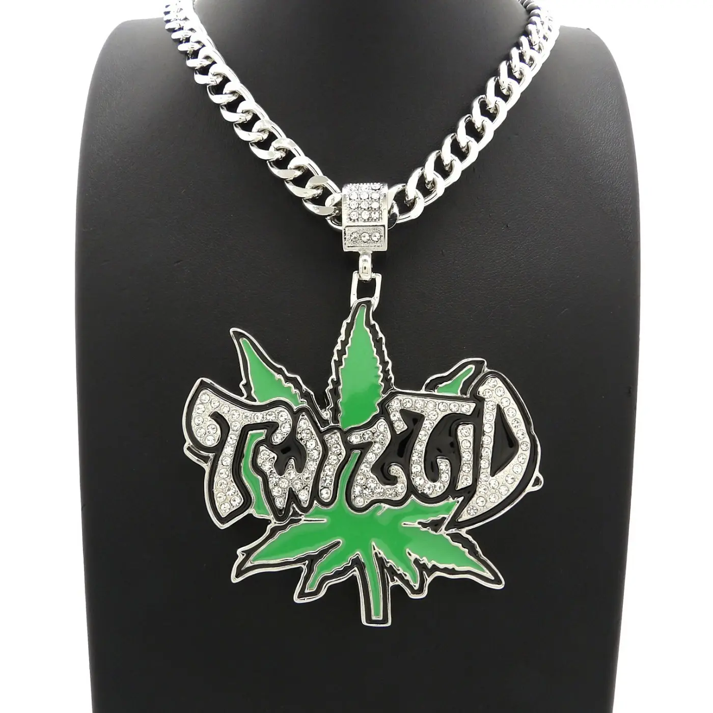 MaxBling81 Hip Hop Style Silver-Plated Large CZ Marijuana Leaf Pendant with 10mm Cuban Chains (18in, 20in, 24in, 30in) Costume Jewelry Necklace
