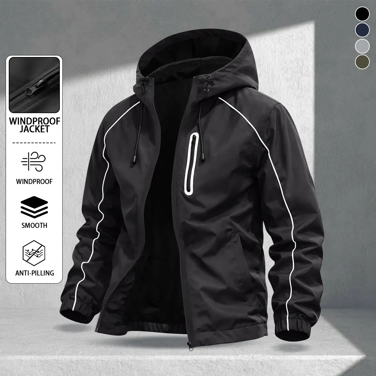 Men's Casual Hooded Jacket with Tie Design, Multiple Pocket Design, Windproof Surface, Smooth Skin-Friendly Fabric, Non-Pilling, Suitable for Outdoor Camping, Cycling, Daily Commuting, and Leisure Wear, Perfect Choice for Spring and Summer Seasons