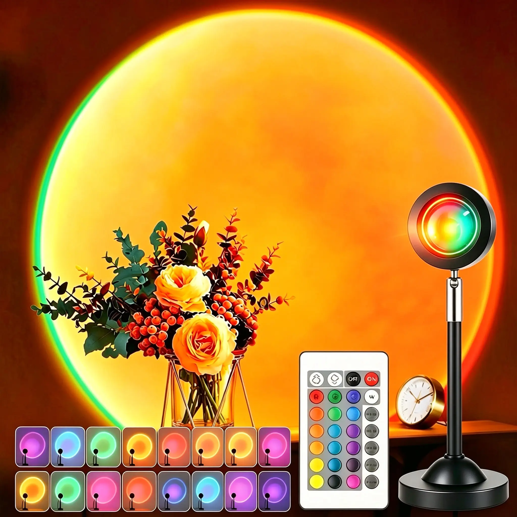 LED Sunset Lamp Projector with Remote – 16 Color Changing 360° Rotation Night Light, Ambient Sunlight Lighting for Bedroom, TikTok Selfie, Party & Home Decor