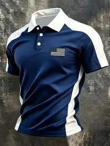 250th Anniversary Theme Short Sleeve Golf Polo Shirt, American Flag Print, Men's Casual Sporty Quick-Dry Collared Tee, All-Over Print, Fitted Style
