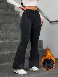 Women's Vintage Flare Jeans, Slim Fit Casual Fleece Lined, Warm Thick Denim Fabric, Pockets, Versatile Style, Fall & Winter