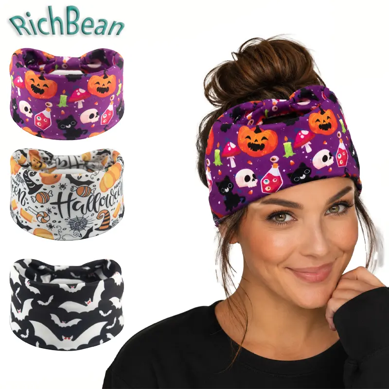 1pcs/3pcs Gothic Halloween Headbands for Women, Wide Knotted Hair Bands with Spider Skull Pumpkin Print, Spooky Cute Punk Style Hair Accessories, Non Slip Stretch Head Wraps for Halloween Party, Cosplay Costume, Yoga, Sports & Daily Wear