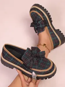 Women's High-Heeled Casual Shoes, Vintage Plaid Bowknot Thick Sole Elevator Loafers, Versatile Comfortable Footwear for Daily Wear