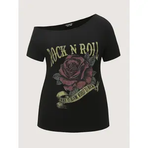 BLOOMCHIC Women's Plus Size Short-Sleeve Cotton-Spandex Fabric Rock And Roll Print T-Shirt [M-6X] - Flowers Garment, 2026 Spotlight, Summer Deals,Summerfinds,summeroutfits,vacationoutfits,beachoutfits