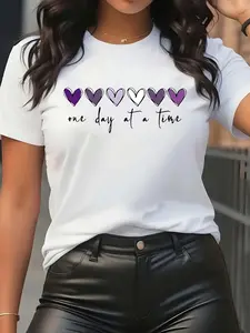 Polyester T-Shirt with One Day at a Time Design, Ideal for Home Living Room Use, Durable and Comfortable, Featuring Purple Heart Pattern, Soft Fabric, Perfect for Daily Wear and Casual Outfits, Lightweight and Breathable Top for Men and Women