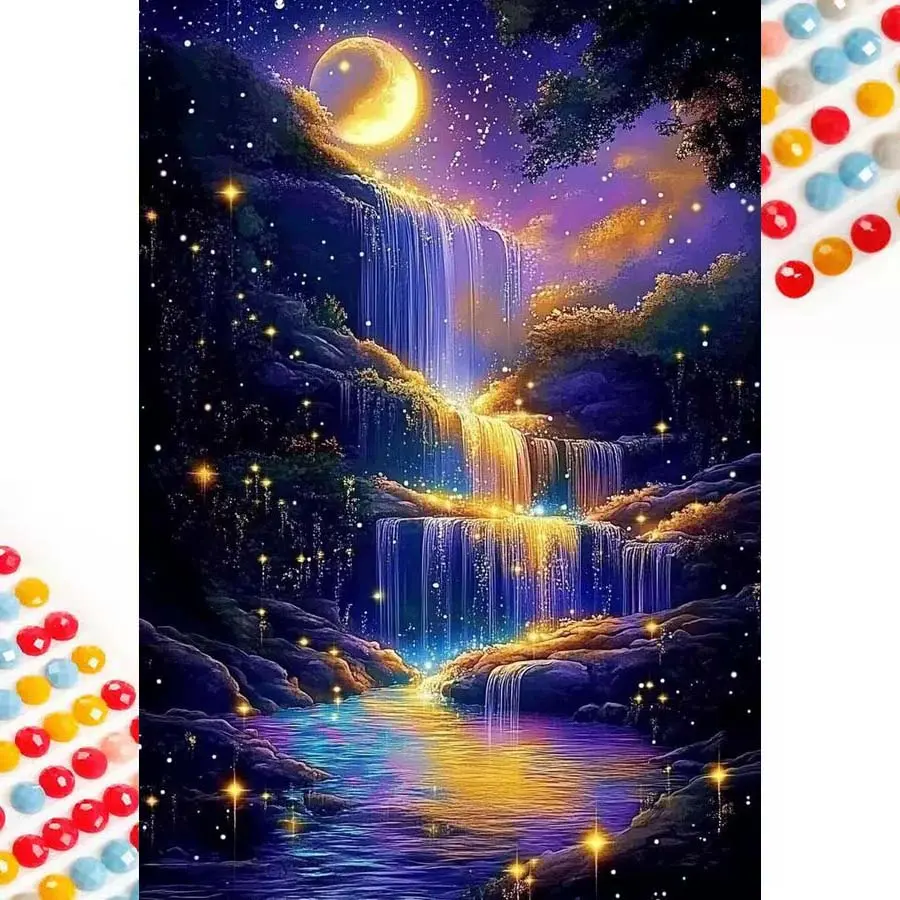 5D DIY Full Drill Round Diamond Painting - Diamond Painting Kit Moonlit Waterfall Mosaic Canvas DIY Wall Art, Home Wall Decor, Diamond Art Tools