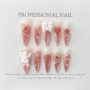 Angel Rose Press-On Nails |   3D Angel Bow & Roses Nails |   Handmade Gradient Fake Nails for Woman Girl
