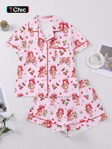 Women's Pajama Set, Strawberry Print, Short Sleeve Button Front Top, Elastic Waist Shorts, Elegant Comfortable Sleepwear