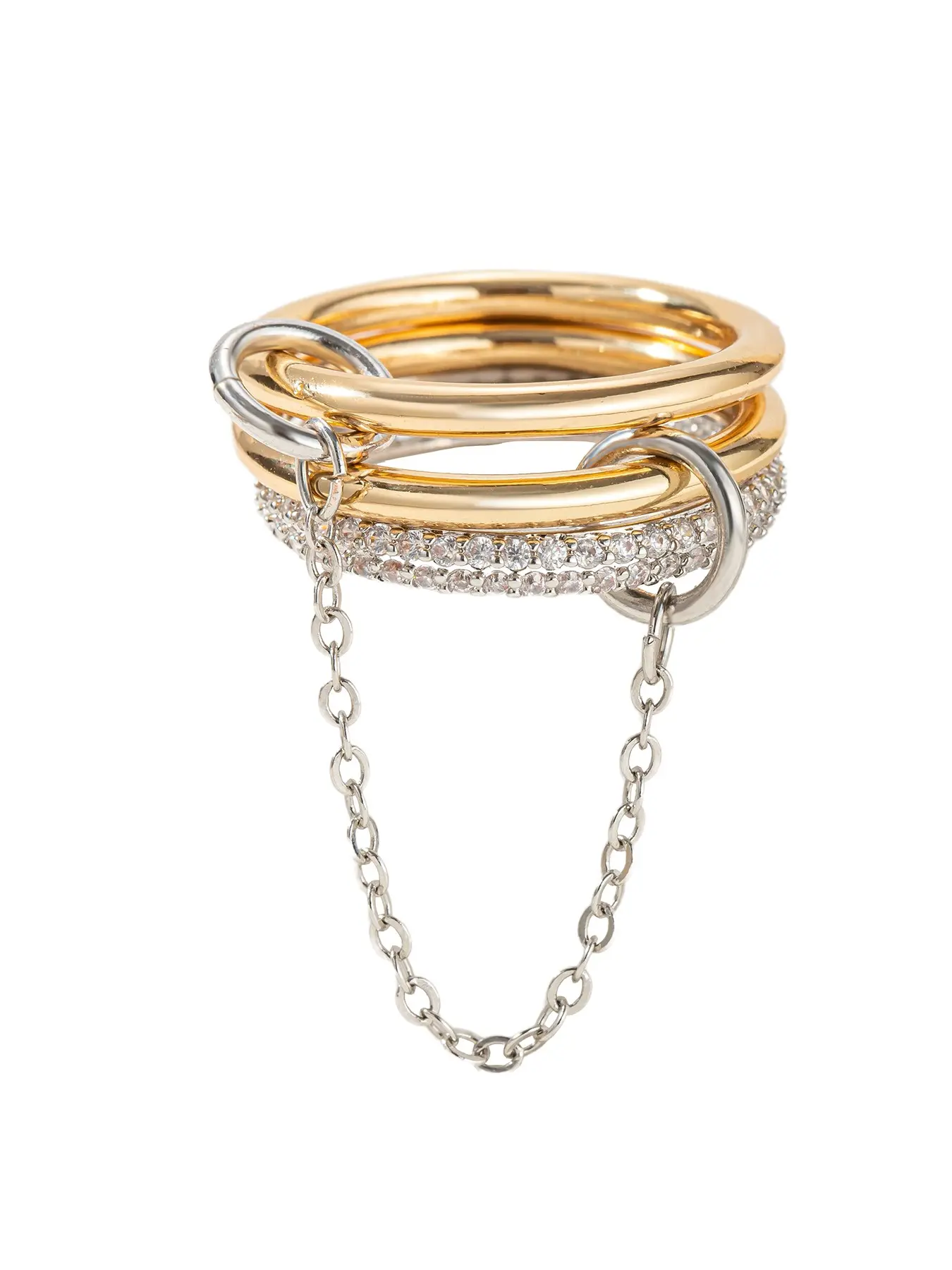 Stackable Gold Rings with Chain for Women, Crystal Cz Band Ring Set, Minimalist Layered Finger Jewelry for Casual All Seasons