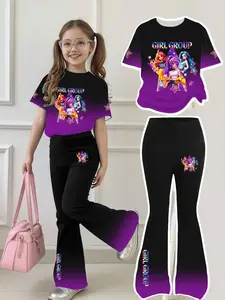 Girls' Cartoon Girl Group Set, Gradient Short Sleeve & Bell Pants, Comfortable Slim Fit, Breathable Fabric, Trendy Kids