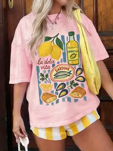 Women's Italian Style Lemon Sardine Print T-Shirt Vintage La Dolce Vita Casual Top For Holiday & Daily