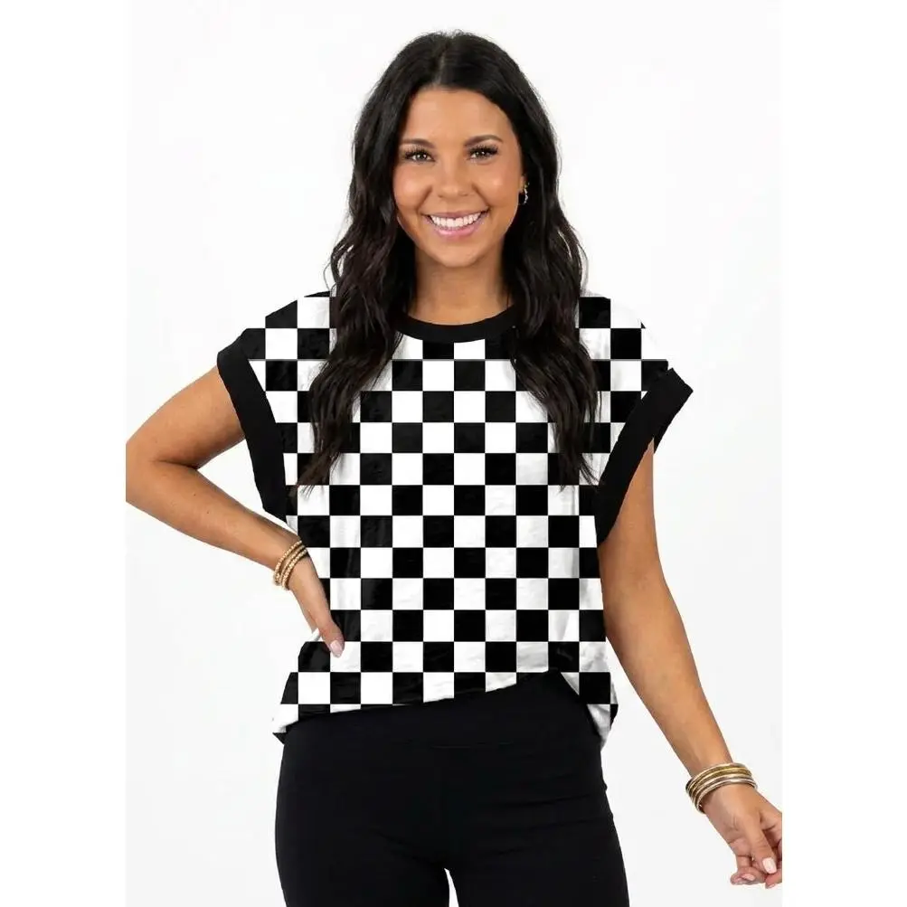 Black & White Checkerboard Cross-Back Top