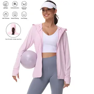 Women’s lightweight zip-up hooded sun jacket — UPF 50+ sun protection, detachable hood brim design, sleeve sleeves, soft, warm, comfortable, with zippered pockets; sporty casual style, suitable for everyday outdoor wear in spring and autumn—casual activit
