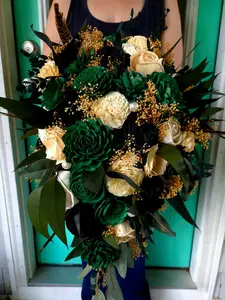 Emerald Green, Gold, and Black Glam Cascade Bouquet