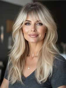 20 inch long blonde wigs for women, gorgeous fluffy wigs with bangs, synthetic full machine wigs for party, daily use