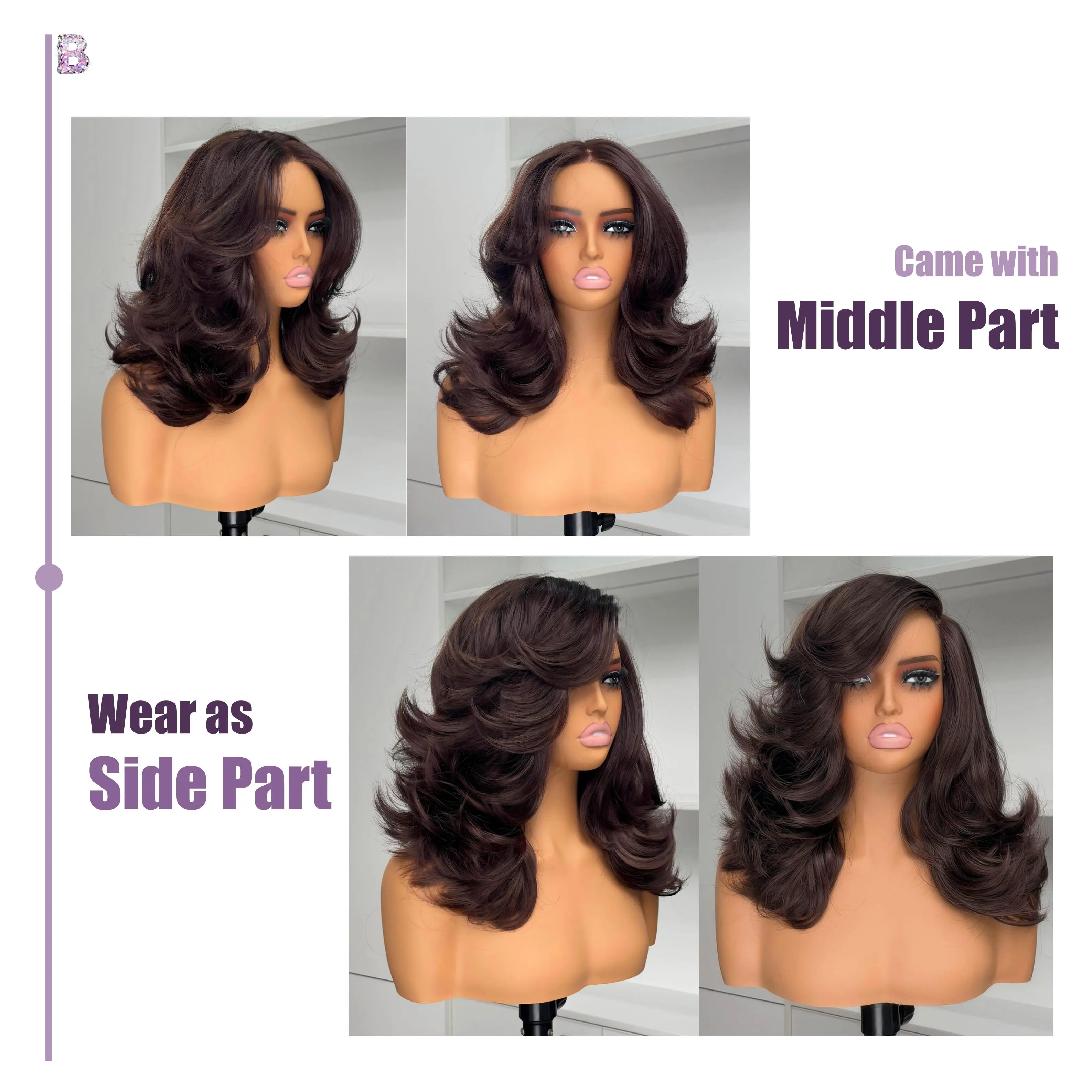 18 Inch Layered HD Lace Front Wig Butterfly Cut Synthetic Heat Resistant Choppy Layers] Beginher Hair 18 inches Heat Resistance 200  main image 3