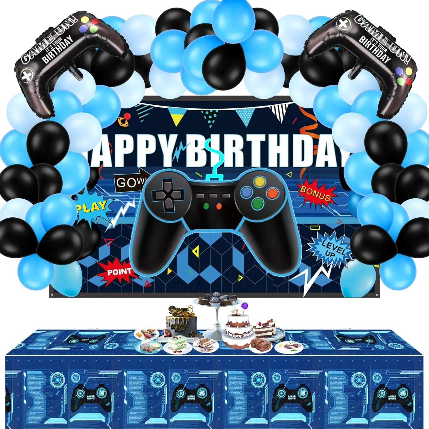 F-PSD28 34-Piece Reusable Polyester Gamer Theme Unisex Party Decorations Set, 5.9 x 3.7 ft Happy Birthday Backdrop, Table Covers, Multi-Color Foil Balloons, Aluminium Wall Decor for Children Adults Ceremonies, Ceremony