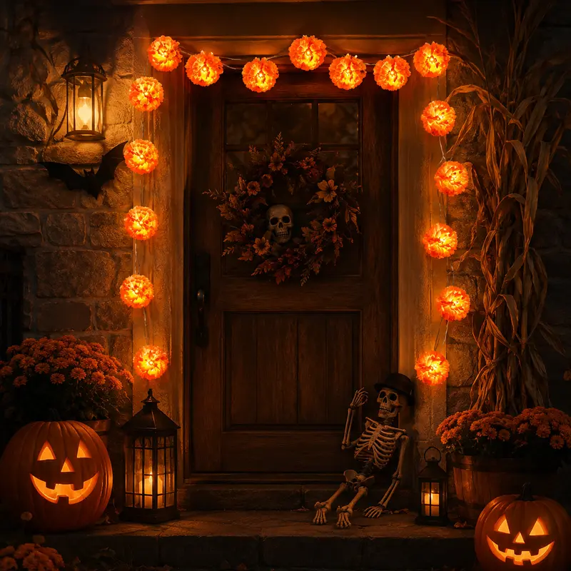 Battery-Powered Orange Cempasuchil (Mexican Marigold) Flower LED String Lights, 3m 20-Flashing Garland for Day of the Dead Altars, Fall Home Decor, Porch Accents, Table Displays, Home Decor Items, Porch Decor