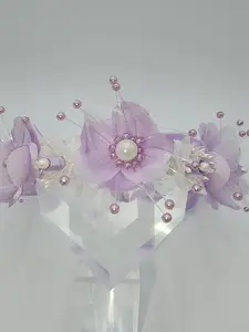Flower Girl Full Floral Headpiece with Delicate Pearls Rhinestones and Tie Back Ribbon for Weddings Quinceañeras