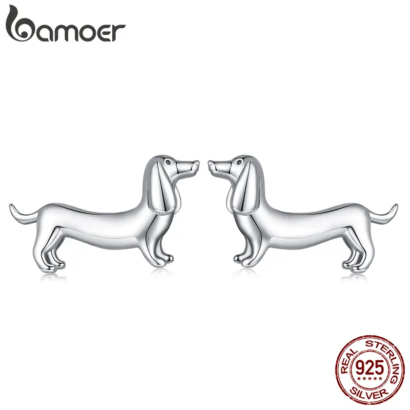 BAMOER 925 Sterling Silver Dachshund Stud Earrings For Women Lovely Wiener Dog Ear Studs Silver Jewelry Birthday Gift To Daughter Mom Wife