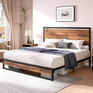 12 Inch King Metal Platform Bed Frame with Wooden Headboard and Footboard No Box Spring Needed Easy Assembly Rustic Brown