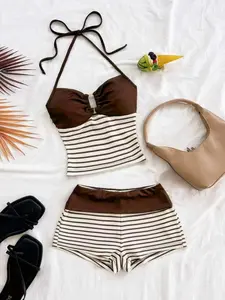 2-Piece Vacation Set, Striped Knit Fitted Short Top with Metal Buckle, Boho Style, Perfect for Parties, Dates, Nightclubs, Fall Fashion