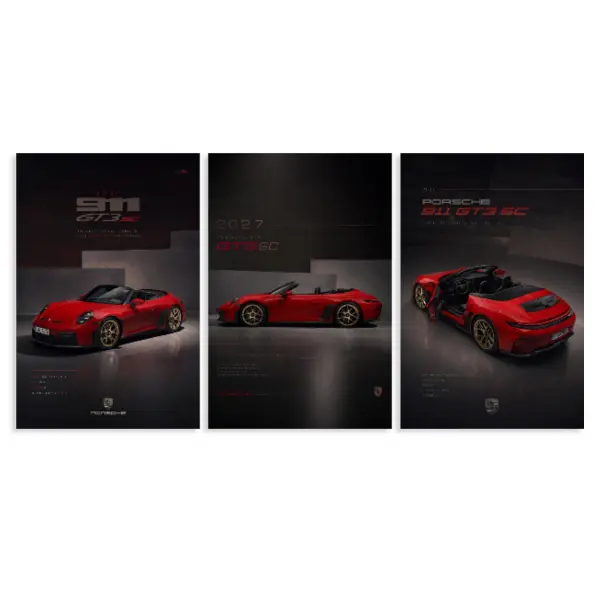 3-Count Minimalist Wooden Framed Canvas Prints - Porsche 2027 911 GT3 SC Series Modern-Design-Style Abstract Wall Art, Waterproof Easy-to-Clean Home Decor for Living Room, Ideal Gift for Teens