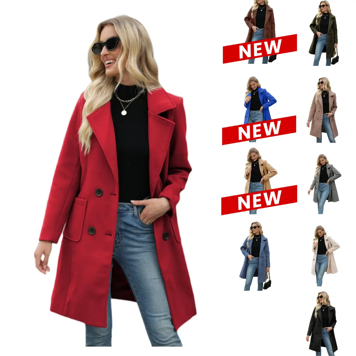 UANEO Women Winter Wool Blend Camel Mid-Long Coat Notch Double-Breasted Lapel Jacket Outwear