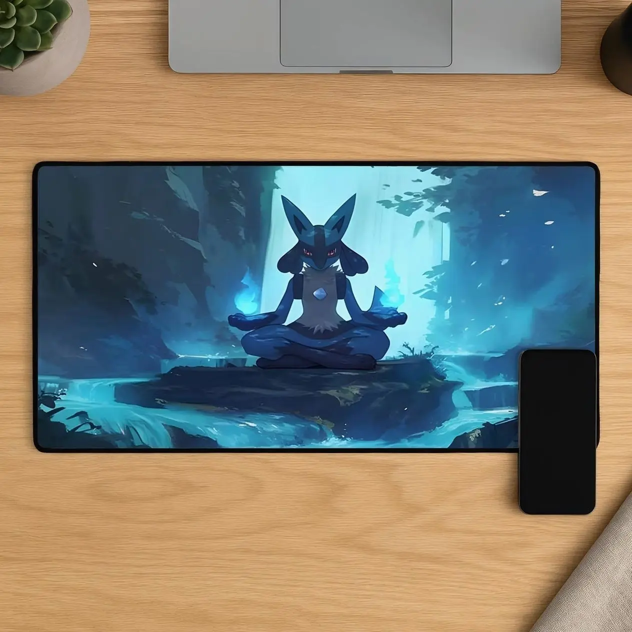 Lucario Mouse Pad, Aura Pokemon Gaming Mat, Anime Fighter Mousepad, Blue Desk Setup Decor Gift for Pokemon Fans