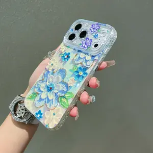 Blue Floral Phone Case for iPhone 17-14 Pro Max Series, Anti-Drop Soft Shell, Creative Unique Design, Protective Cover