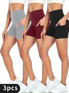 3pcs Women'S Sports Shorts High Waist Hip Lifting Yoga Shorts With Pocket Three-quarter Pants Gym Running Exercise Fitness Shorts