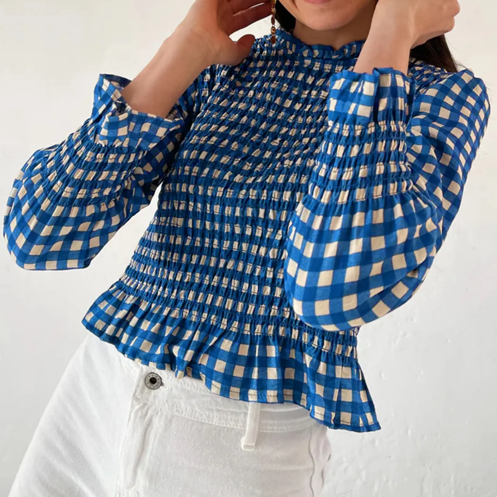 Women's Lady Plaid Blouse - Casual Smocked Top with 3/4 Bubble Sleeves, Ruffled Round Neck, Fashionable Loose Fit for Spring & Fall