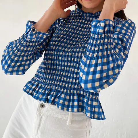 Women's Checkerboard Plaid Elastane Blouse - Trendy 3/4 Bubble Sleeves, Ruffled Round Neck, Smocked Loose Fit Top for Spring & Fall, Plaid Ruffle Trim Blouses & Shirts