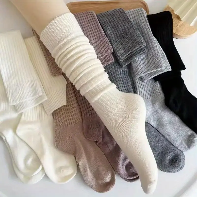 Women's 5 Pairs Warm Thick Calf Socks Slim Fit Solid Color with Side Stripes Machine Washable for Fall Winter Boots Casual Fashion Design Textured Winter Socks Minimalist Style Mix Color 5Pairs