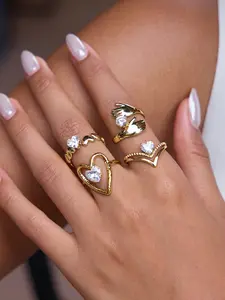 This Set Of White Zircon Valentine's Day Adjustable Stainless Steel 18k Gold Plated Waterproof, Anti-Allergy Jewelry Heart Design Ring, Heart Shaped Ring Must-Have Gift For Daily, Casual & Travel Dates