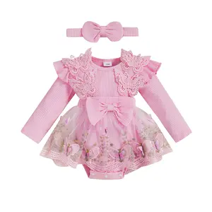 Meihuida Baby Girl Romper Dress Lace Flowers Baby Dress Romper Infant Fall Winter Festival Clothes with Bow Headband