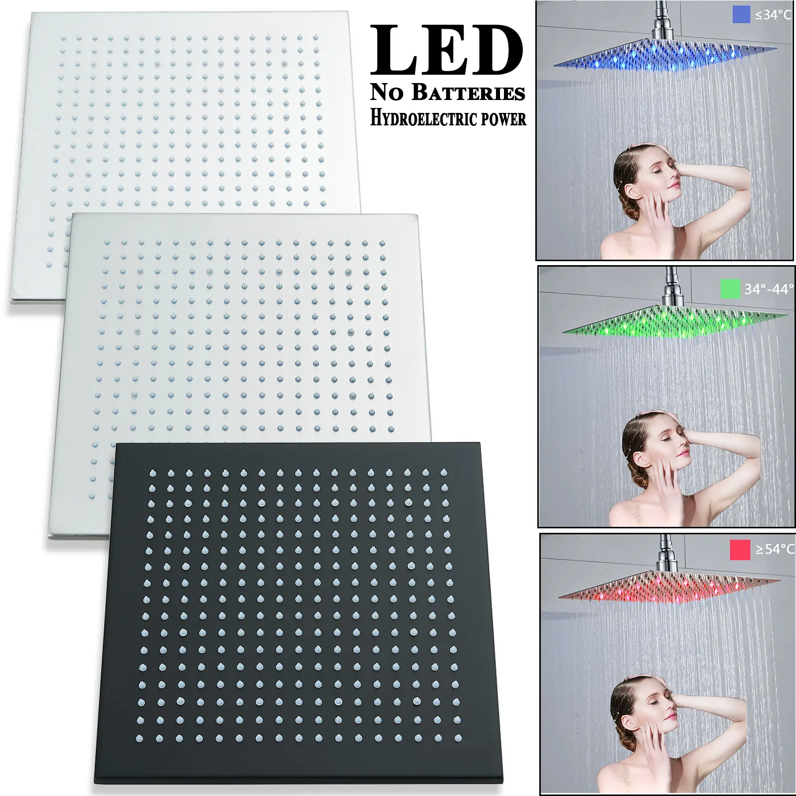 LED Rain Shower Head High Flow Large Rainfall Shower Heads Stainless Steel Waterfall Bathroom Square Showerhead Ceiling or Wall Mount Hydropower LED