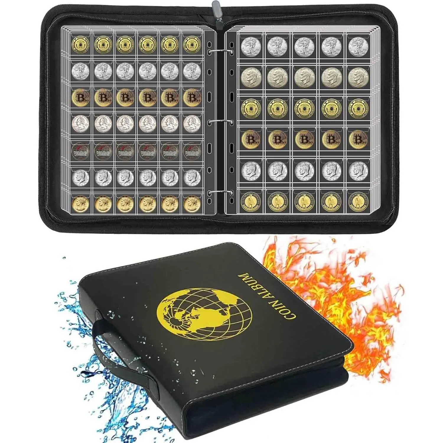 Coin collection album book holder with 576 pockets for collectors, available in two sizes, fireproof coin collecting pages for coins measuring 17 mm, 20 mm, 23 mm, 25 mm, 27 mm, and 30 mm.
