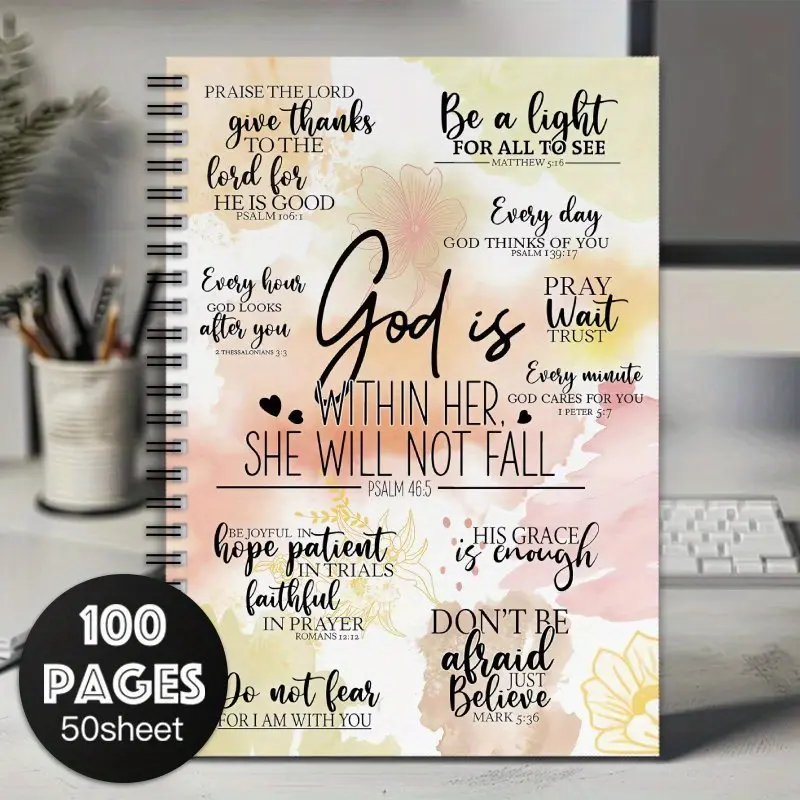 1 Christian Spiral Notebook - "God is in her, she will not fall" Bible Psalm Diary, Daily Devotional Journal, Guided Journal, Church Notes Journal, Journals for Writing with 100 pages of prayers and scriptures, religious gift for women, school, work