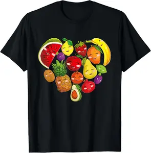 100% Cotton Funny Fruits Collage Cute heart Fruit and Vegetables T-Shirt