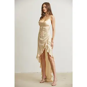 Norah Satin Elegant Tie Cocktail Bridesmaid Woman Party Dress Ivory Outfit Ruffle Hem Spaghetti Strap Sleeveless Summer Corset Set Cowl Neckline Adjustable Shoulder Straps Hi-Lo Ruffled Skirt Zipper Back Closure
