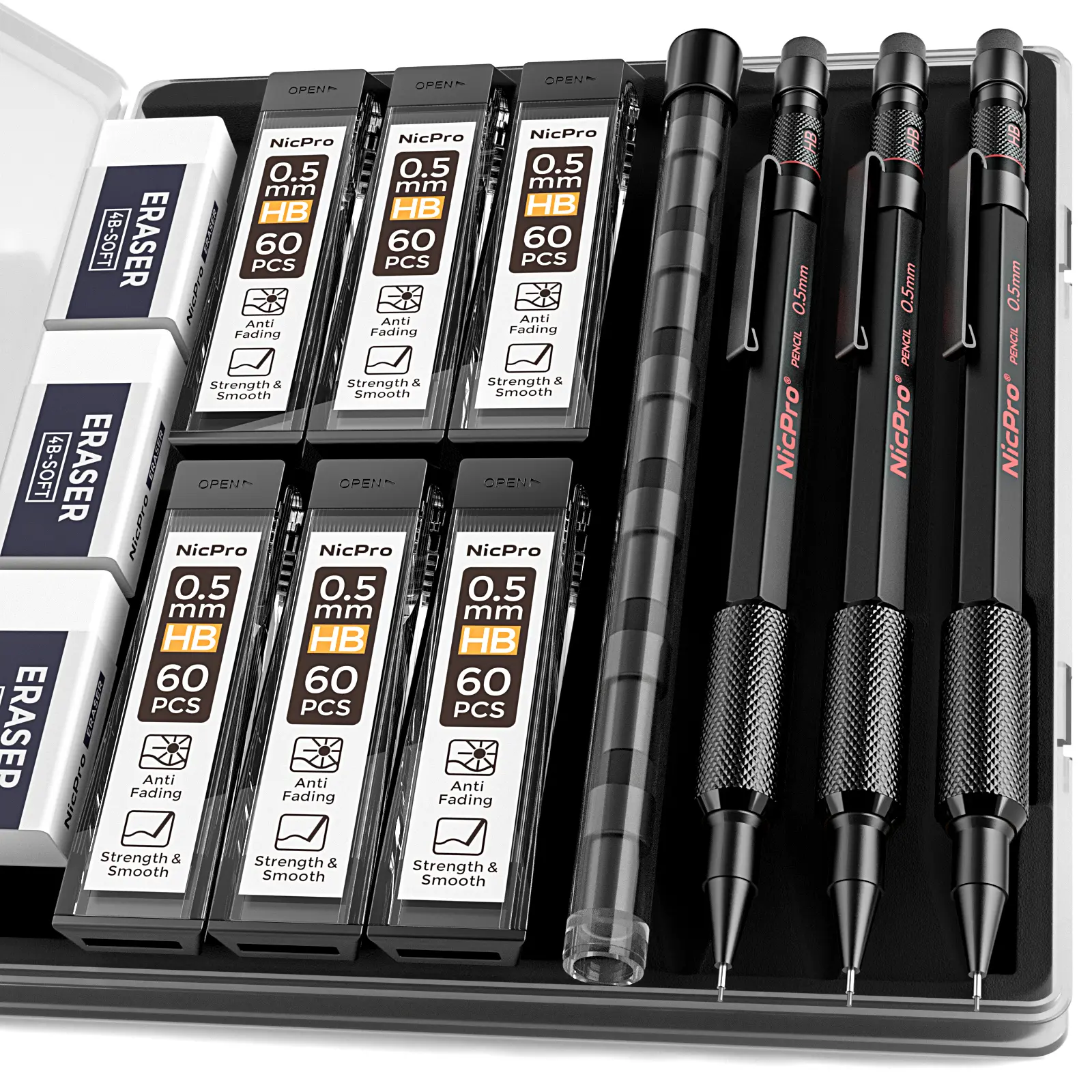 Nicpro MP2000 Series 0.5mm Lead Mechanical Pencils (3-Pack) - ABS Metal Professional Artist Pencils with Case, 6 Tubes HB Lead Refills, Eraser, Weatherproof Barrel for Drafting, Sketching, Office Stationery Supplies